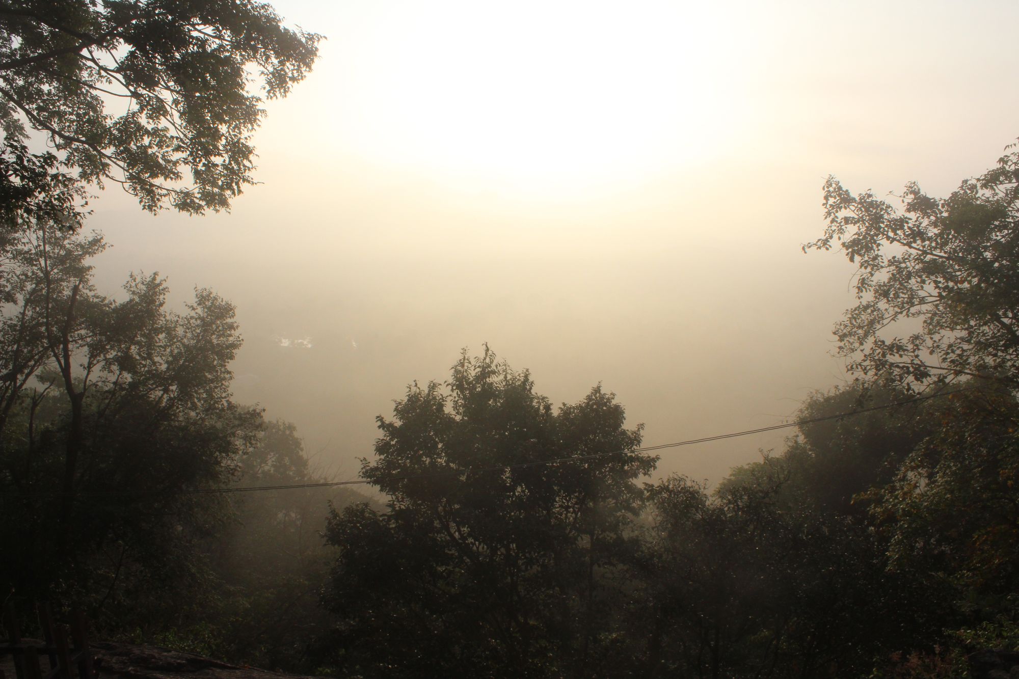 The sunrise during a misty morning as seen from mid-way through the climb at Pidurangala Rock, Sri Lanka