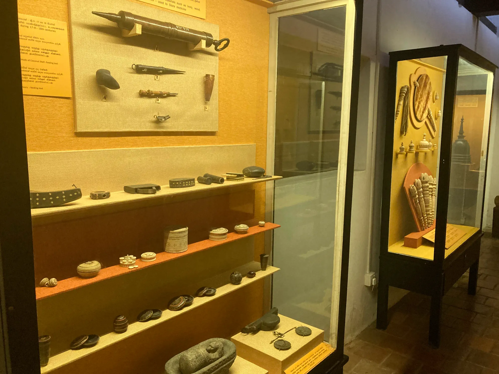 Ivory, wood and stone artifacts displayed at the Kandy National Museum, Sri Lanka